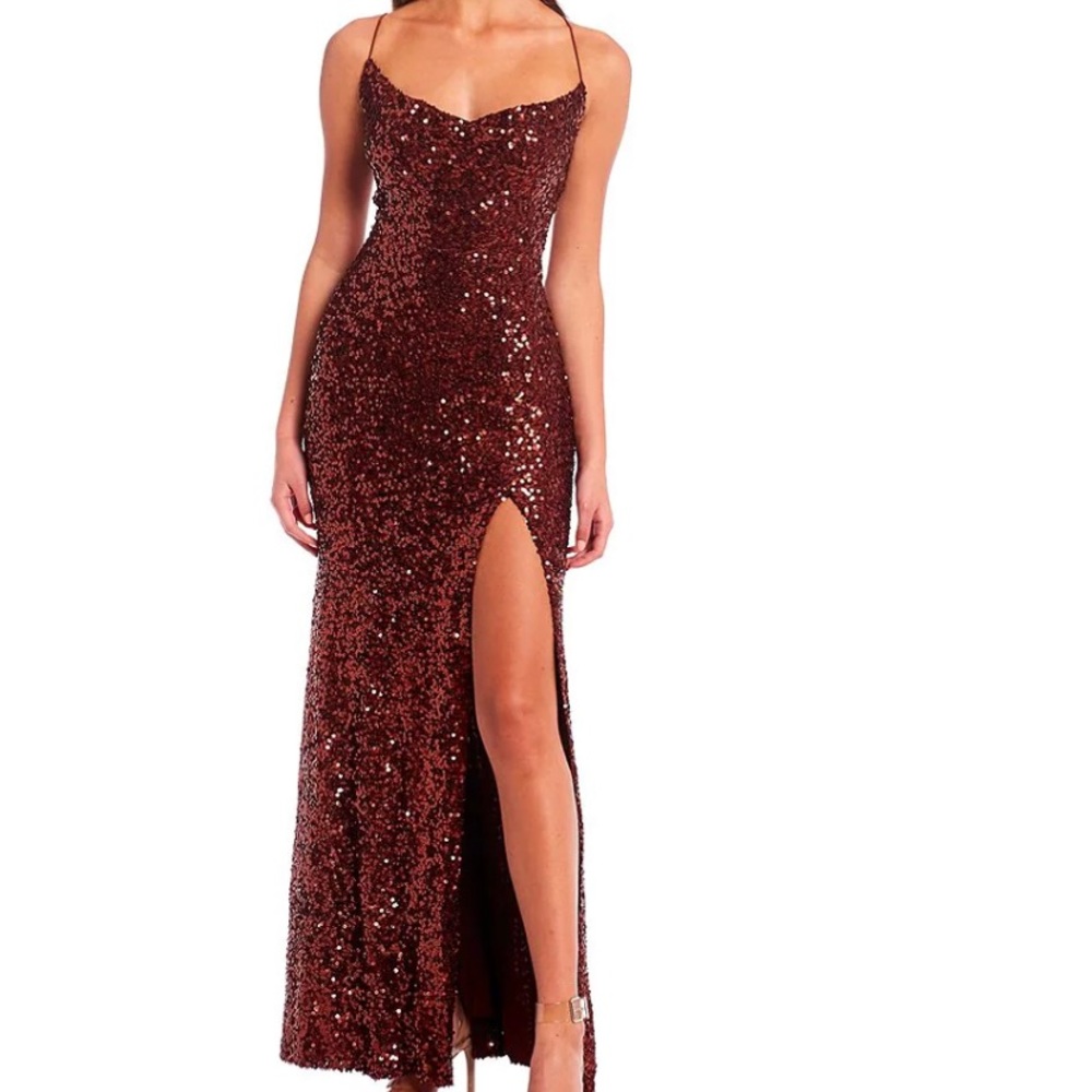 Cowlneck Sequin-Embellished High Slit Hem Gown